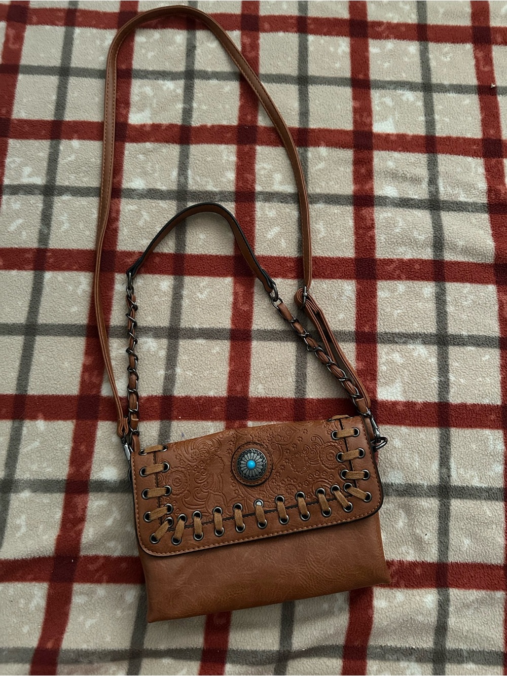Brown Leather-Effect Crossbody Bag with Turquoise Concho